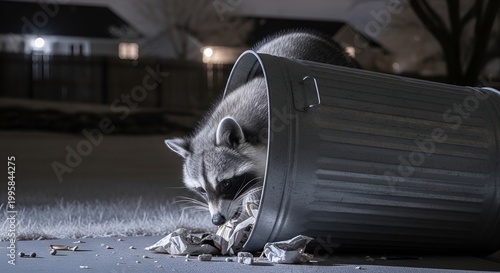 Urban raccoon raids garbage can at night on street