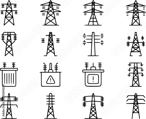 Collection of hand-drawn representing electrical towers and transformers electricity
