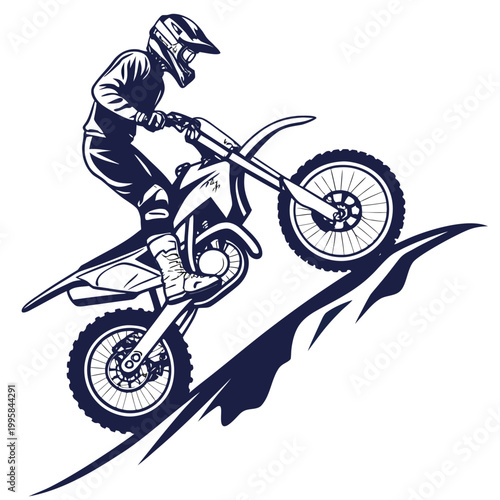 Motocross rider jumping on a dirt bike with helmet and protective gear on a ramp