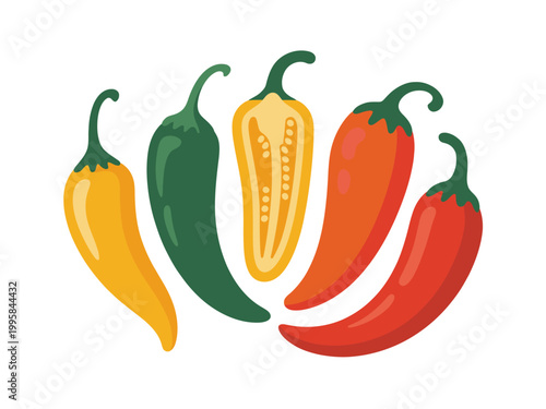 Flat of colorful chili peppers, sliced showing seeds, white background, food vegetable