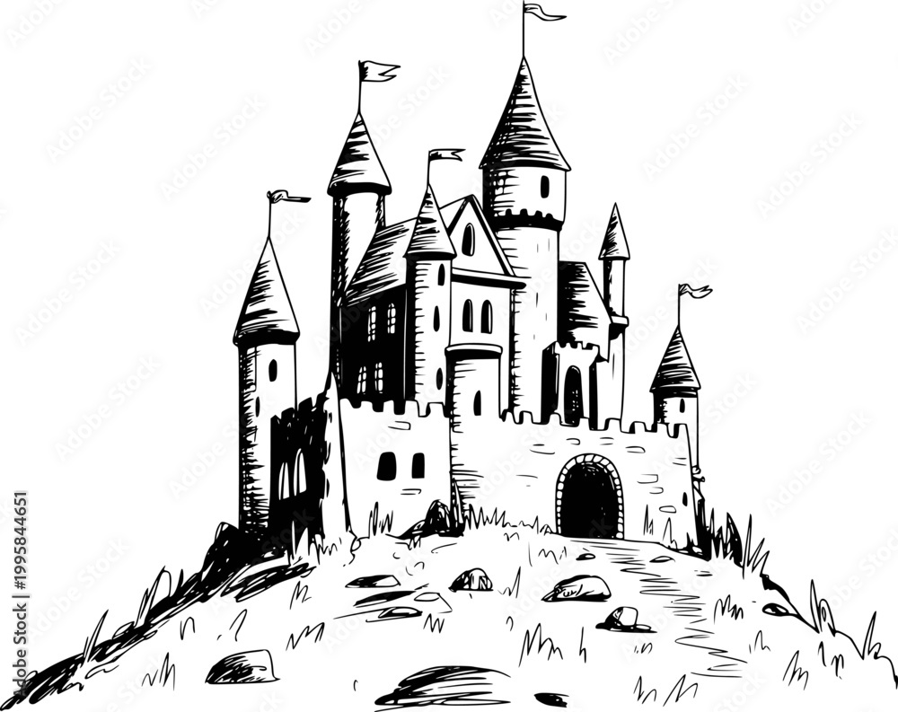 Fototapeta premium Hand-drawn black and white of a fairytale castle a grassy hill with flags monochrome