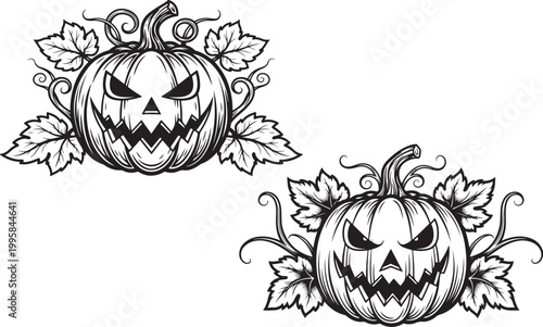 Two carved jack o lanterns with swirling vines and leaves black and white