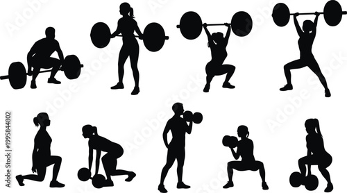 Silhouettes of people exercising with weights weightlifting