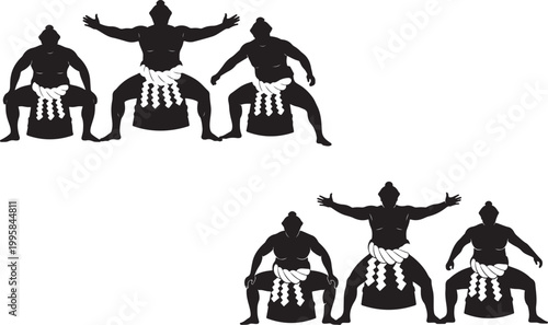 Silhouettes of three sumo wrestlers in traditional mawashi briefs