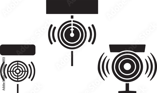 Three black radar or sonar icons with concentric circles and signals