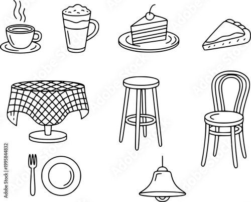 Hand-drawn cafe coffee, cake, table, chairs, and lamp