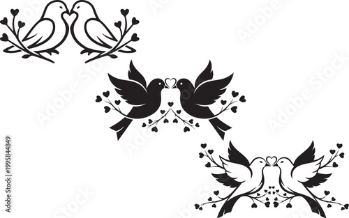 Black and white illustration of pairs of doves with heart shaped foliage