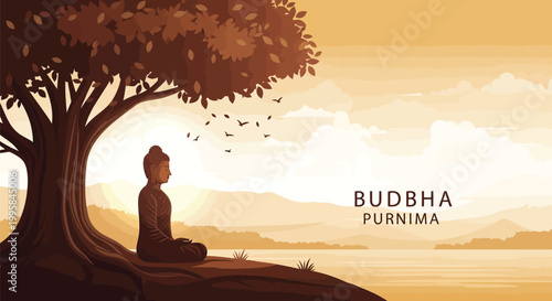 Buddha meditates under a tree during serene sunrise