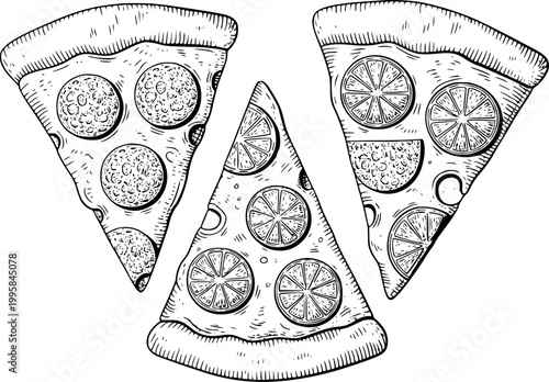 Hand-drawn of pizza slices with pepperoni and citrus toppings a white background