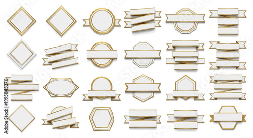 Blank White Ribbons and Badges with Gold Trim - Isolated on White Background