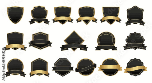 Collection of Black and Gold Vintage Badges and Labels with Ribbons