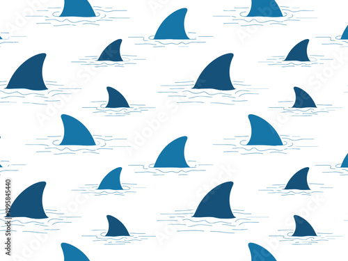 Repeating pattern of blue shark fins emerging from water surface