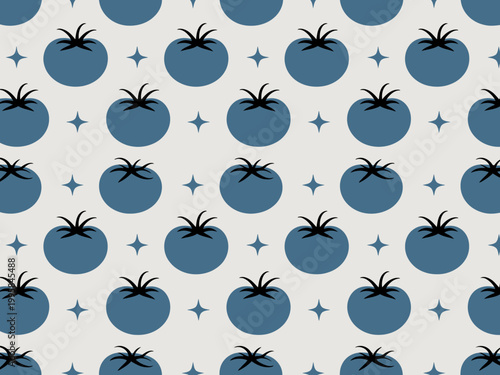 Seamless pattern of blue tomatoes and starbursts a light grey background