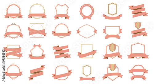 Set of Vintage Badge and Label Templates with Ribbons, Rose Gold and Pink