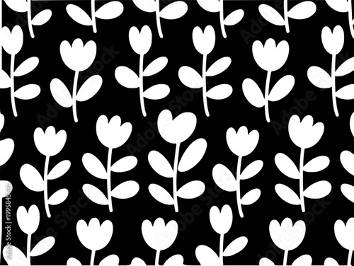 Seamless pattern of white stylized tulips black background, simple floral