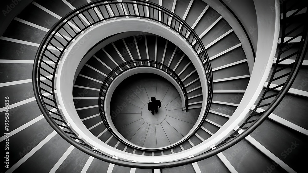 Fototapeta premium Dramatic overhead view of a person walking down a modern spiral staircase with architectural design