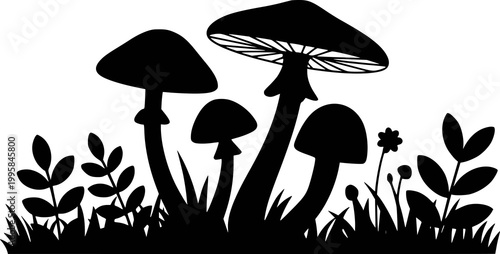 Silhouette of assorted mushrooms and foliage a white background, nature forest growth