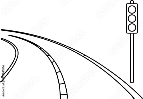 Simple line of a winding road and traffic light white background, signal intersection