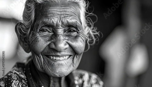 Portrait of a Smiling Elderly Woman with Deep Wrinkles.
