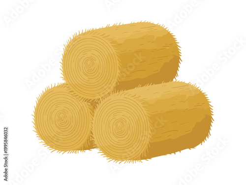 Stacked golden hay bales, round, textured, isolated white background, straw