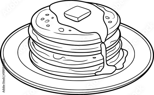 Stack of pancakes with butter and syrup a plate, line