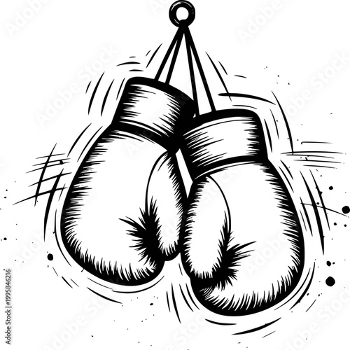 Vintage boxing gloves hanging, black and white with dynamic lines sport fight competition