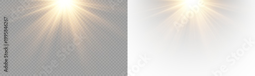 Yellow star flashed with sparkles sun isolated on white background. Soft glow without departing rays, sunlight with lens flare effect. PNG vector light effect
