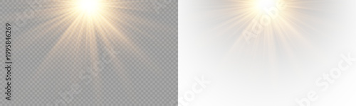 Yellow star flashed with sparkles sun isolated on white background. Soft glow without departing rays, sunlight with lens flare effect. PNG vector light effect
