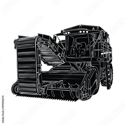 Silhouette heavy agricultural combine harvester for crop farming set.