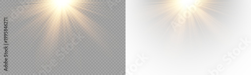 Yellow star flashed with sparkles sun isolated on white background. Soft glow without departing rays, sunlight with lens flare effect. PNG vector light effect
