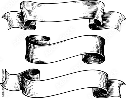 Vintage engraved ribbon banners white background, isolated engraving scroll