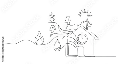 A house with wind turbine experiences extreme weather conditions including fire lightning and raindrops.