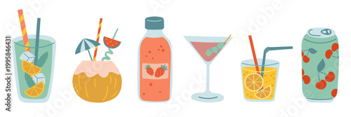 Vector set of summer cocktails and tropical drinks. Mojito, coconut, berry lemonade, pineapple juice, sparkling water. Colorful beverages with fruit, herbs, ice. Summer beach holiday.