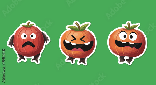 Three Cartoon Tomatoes with Different Facial Expressions on Green Background.