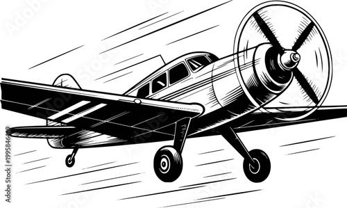Vintage propeller airplane in dynamic flight, black and white style aviation
