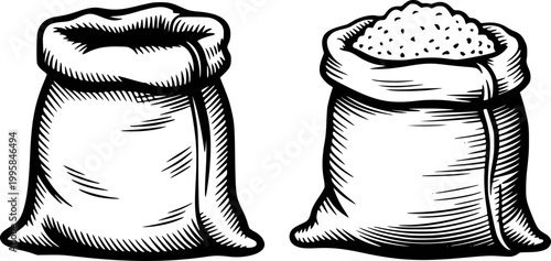 Vintage sacks, empty, filled with grains, black and white line full