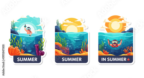 Summer Underwater Scenes Featuring Flamingo, Sun, and Diver.