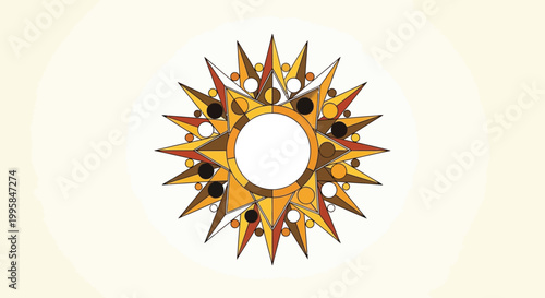 Vibrant sunburst design radiates outward in circular motion with abstract shapes.
