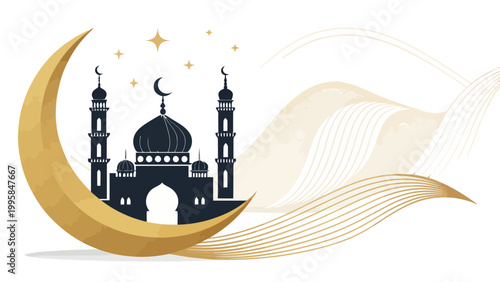 Beautiful islamic illustration featuring a dark mosque silhouette inside a large golden crescent moon with stars and abstract waves for ramadan and eid
