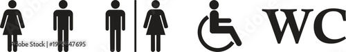 Unisex toilet icon set in flat styles. Restroom signs, featuring male and female figures, wheelchair accessible vectors, wc lettering for public bathroom wayfinding and inclusive facility signage.