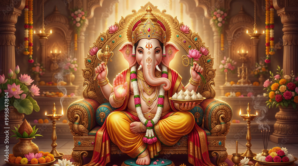 Fototapeta premium Seated on decorated throne, Modak sweet, elephant head, warm soft divine lighting
