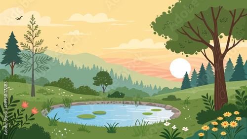 Serene nature landscape illustration featuring a peaceful pond with lily pads, rolling green hills, lush trees, and a beautiful sunset or sunrise sky