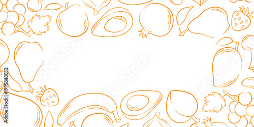 Line art style fruit border illustration with apple, banana, pear, avocado, grapes and strawberry. Sketch background frame isolated on white for food store design, grocery, cards and menu.