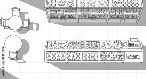 Top view of a bakery display and seating area.