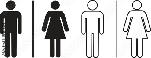 Unisex toilet flat and outline icon set. Restroom signs, featuring male and female figures, wheelchair accessible vectors, wc lettering for public bathroom wayfinding and inclusive facility signage.