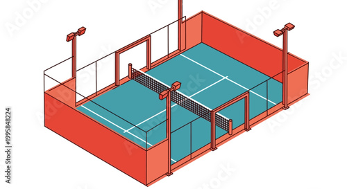 Isometric view of a padel tennis court with floodlights, showcasing the unique glass walls and netting system essential for the sport