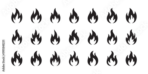 Set of 21 Solid Black Fire Flame Icons, Minimalist Vector Symbols for Heat and Energy