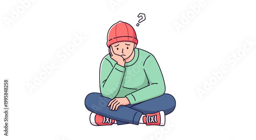 Person with a hat and sweater, sitting cross-legged and looking thoughtful with a question mark above their head, symbolizing confusion or contemplation, in a simple, modern illustration style