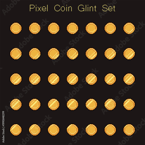 Set of pixel art coin frames with moving highlight positions. Collection for creating coin animation in retro game style, vector illustration.