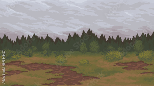 Cuadro en lienzo Pixel art countryside scene with grassy field and forest under cloudy sky
